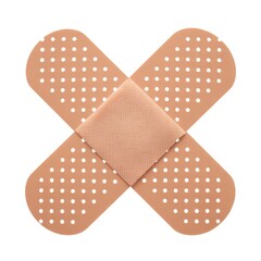 Two tan adhesive bandages crossed on white background plaster band aid medical