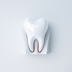 White molar tooth model with red roots on textured base dental
