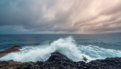 Fototapeta premium Wave action along the Atlantic coast at Buenavista del Norte, Tenerife island, coastal preservation focus