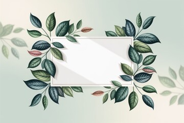 White rectangle framed by dark green and pink leaves border botanical foliage