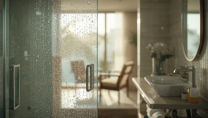 Wet glass shower door with water droplets in a hotel bathroom setting, highlighting cleanliness and moisture control on sunny days