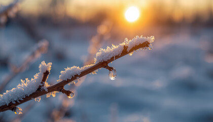 Obraz premium A frosty branch glistens in the warm light of a winter sunset