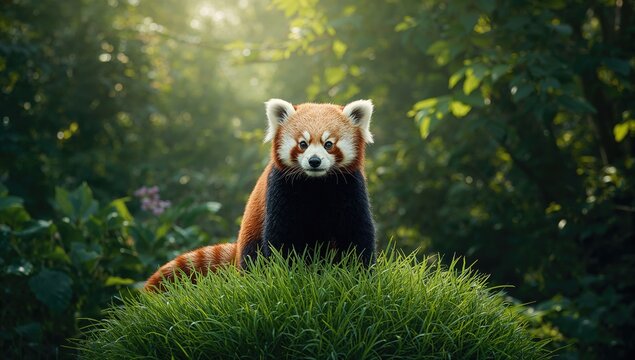 Red panda in natural enclosure at the research center, emphasizing habitat preservation - Powered by Adobe