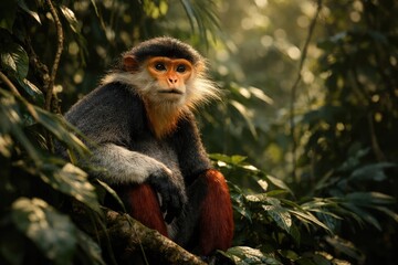 Obraz premium Naturalistic image of red shanked douc langur primate within dense tropical flora