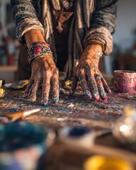Creative Hands Making Handmade Jewelry with Paint and Glue in Art Studio