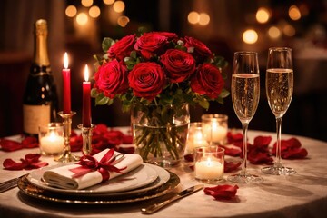 Romantic evening restaurant table layout with red roses and sparkling wineglasses