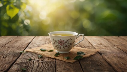 Steaming green tea in a white cup placed on a distressed wooden surface with leaf accents, highlighting traditional tea serving methods