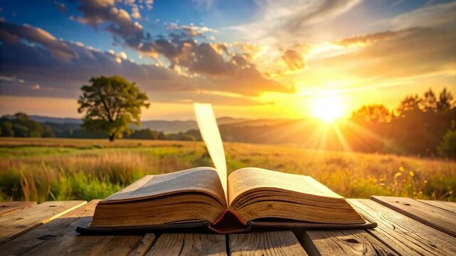 Open book on a wooden table with a beautiful sunset background.