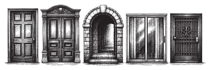 A collection of five different vintage doors rendered in a detailed black and white etching style, showcasing diverse architectural elements and textures.