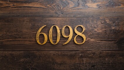 Golden painted wooden numerals 6098 placed on a dark patterned plank surface for vintage style banners and conceptual art