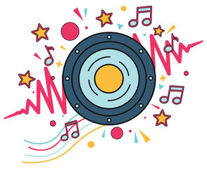 Fototapeta premium Vibrant music speaker illustration with sound waves and notes