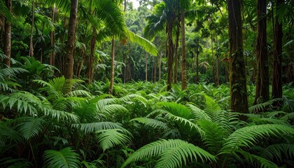 Lush Green Tropical Rainforest With Dense Fern Undergrowth And Tall Trees In Natural Sunlight