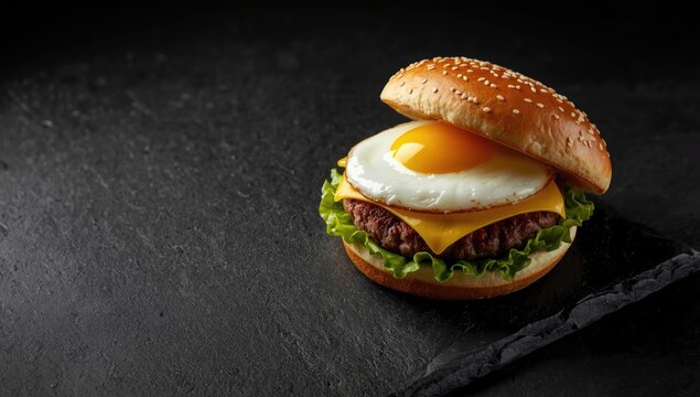 Close-up of a hamburger featuring beef and egg on dark slate, highlighting nutritious ingredients for meal preparation