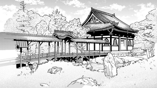 漫画風ペン画イラスト　寺院_外観