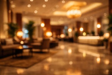 Blurred hotel lobby with ambient lighting for stylish design backdrop
