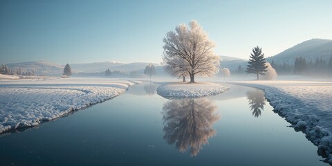 Icy river scene in winter with mist and frozen edges, highlighting seasonal preservation, winter solstice
