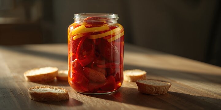 Pickled sausages with onion and red pepper, highlighting fermentation process in food storage