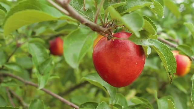 Panning shot of ripe juicy nectarines hanging on green branches in a sunny garden. Fresh organic fruit harvest in a summer orchard