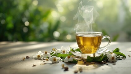 Herbal tea with dried jasmine blossoms, focusing on natural floral ingredients and infusion process, World Tea Day