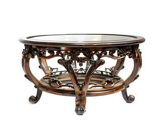 Antique style carved wooden round coffee table with glass top