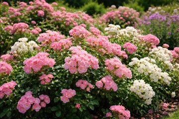 Obraz premium Cheerful Polyantha roses flowering abundantly in summer garden beds