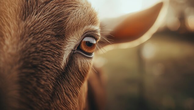 Detailed view of a brown goat's eye in natural sunlight with reflections and whiskers, focusing on animal features,