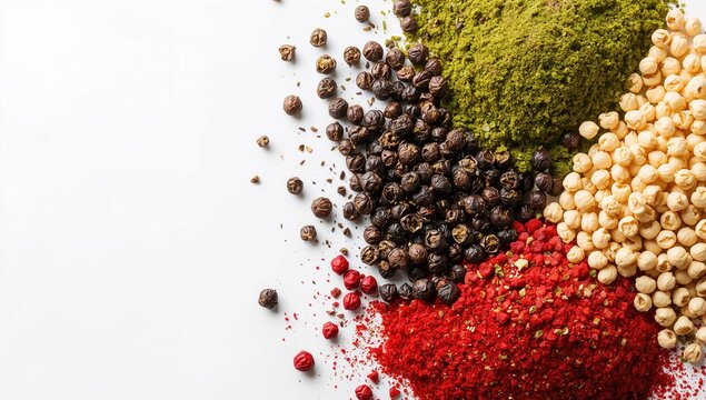 Four seasons pepper on a white backdrop, useful as a background for UI or editorial headers