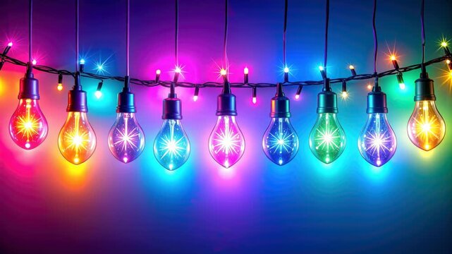 Bright hanging string lights creating vibrant colorful celebration background.