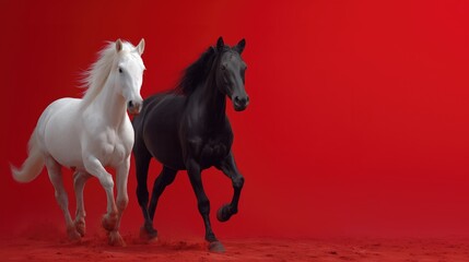 Two powerful horses galloping with speed and energy, a dynamic concept for business growth, branding, and career development momentum.