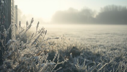 Frosted plants and a chain-link fence in the foreground with a chilly field and trees in the distance, morning scene winter weather