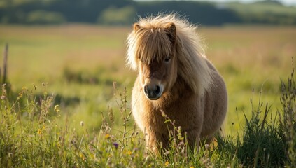 Close-up of a hairy Shetland Pony grazing in green fields, rural landscape, World Animal Day