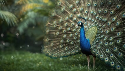 Obraz premium Colorful peacock with elaborate feather patterns, used as a UI backdrop emphasizing ornamental design, World Bird Day