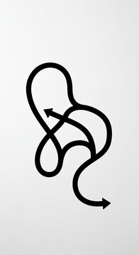 A chaotic, curved route drawn in black ink across a plain white sheet, illustrating complexity, deviation, and indirect movement, white background, path, clean