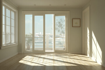 Obraz premium Empty bright room with large glass doors and windows letting in natural sunlight and offering view of balcony with plants and cityscape beyond