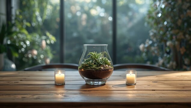 Succulent arrangement in a glass container complemented by candles, ideal for interior decor