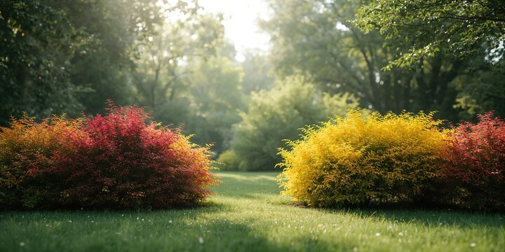 Bushes with multicolored leaves and branch structure for landscape design, autumn foliage - Powered by Adobe
