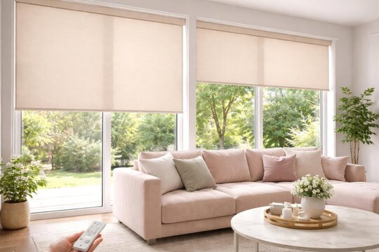 Beige motorized roller shades by remote alongside a pastel velour sofa and visible summer trees