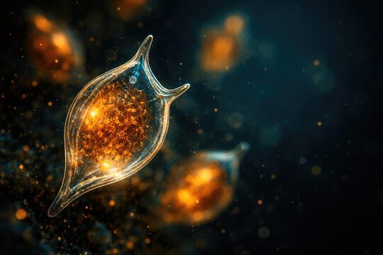 Close view of glowing Pyrocystis noctiluca plankton stained with lugol iodine at high magnification with copy space
