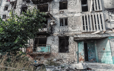 ruined street and destroyed houses the city Kiev war in Ukraine