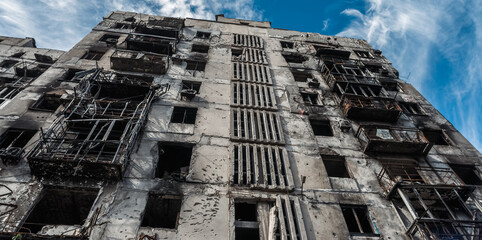 ruined street and destroyed houses the city Kiev war in Ukraine
