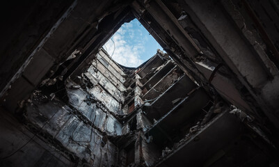 ruined street and destroyed houses the city Kiev war in Ukraine