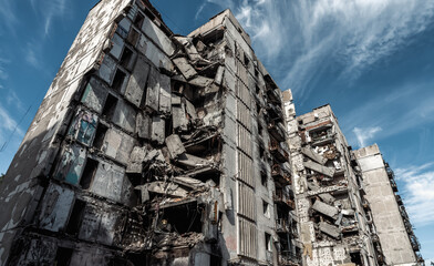 ruined street and destroyed houses the city Kiev war in Ukraine