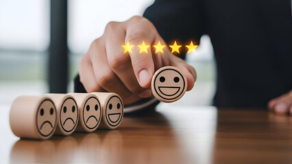 Person Choosing Happy Face Emoji on Wooden Blocks