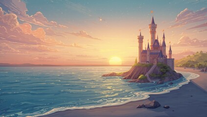 Naklejka premium Animated medieval fortress situated on an island surrounded by water during sunset, highlighting historic coastal architecture in summer