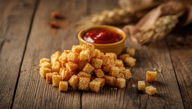 Condiment and crunchy bread pieces arranged on a wooden table, ideal as a layout backdrop - Powered by Adobe