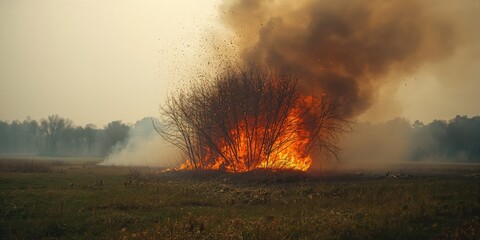 Wildfire in a forest with gusts of wind spreading flames, highlighting environmental hazards
