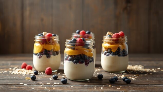 Fruit parfaits with mango, passion fruit, blueberry, and raspberry layered with yogurt on a wooden background, highlighting nutritious ingredients