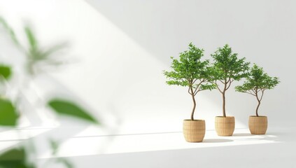 Long pots filled with trees positioned on a white surface, ideal for editorial header backgrounds