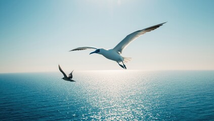 Seabird hunting for flying fish above the water surface, marine wildlife activity, World Oceans Day