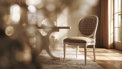 White dining room chair with plaid upholstered seat serving as interior decor element